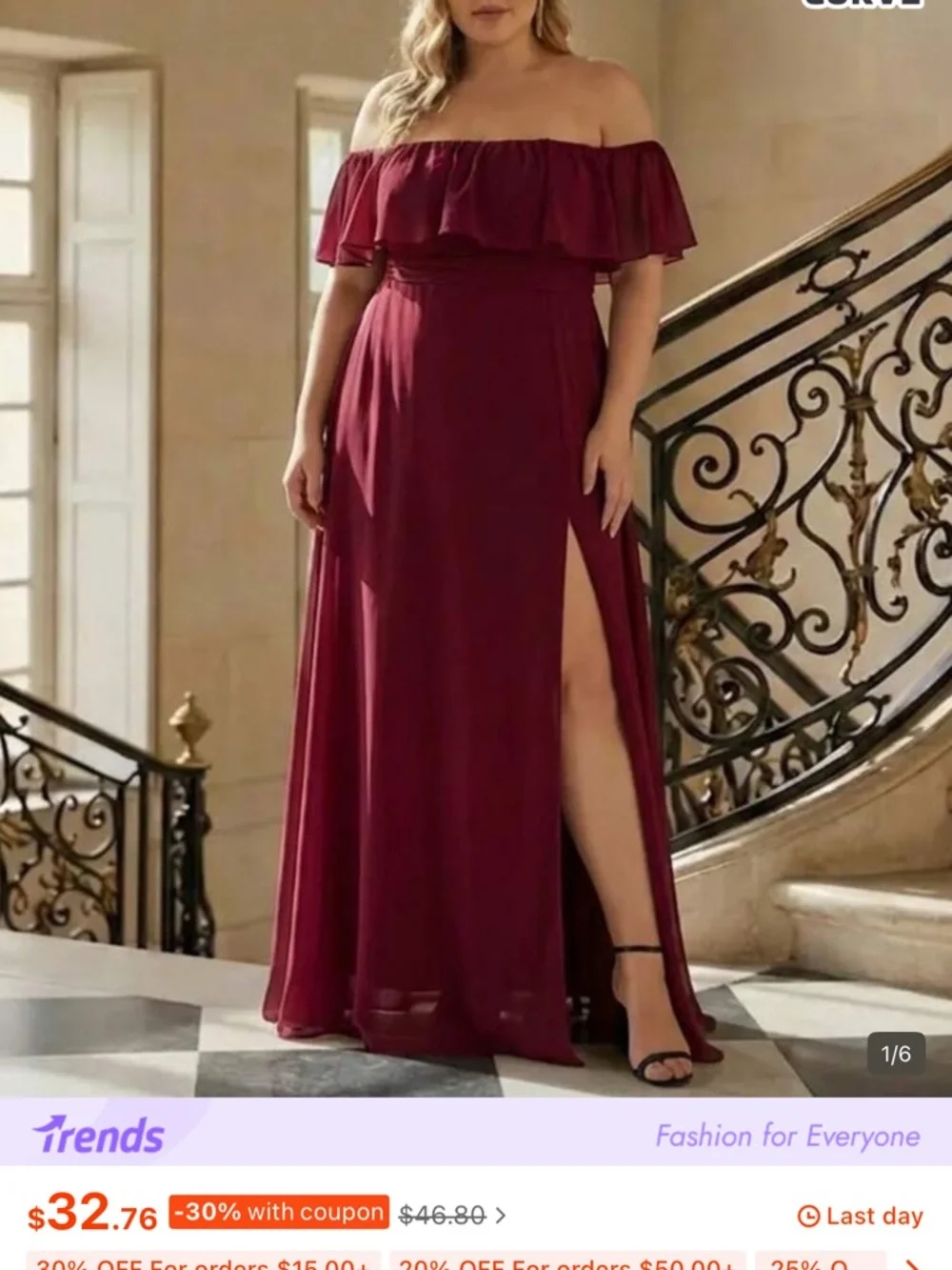 NWOT, 4XL/20 SHEIN Curve, Women's Burgundy Off-Shoulder Maxi Dress - Picture 4 of 13